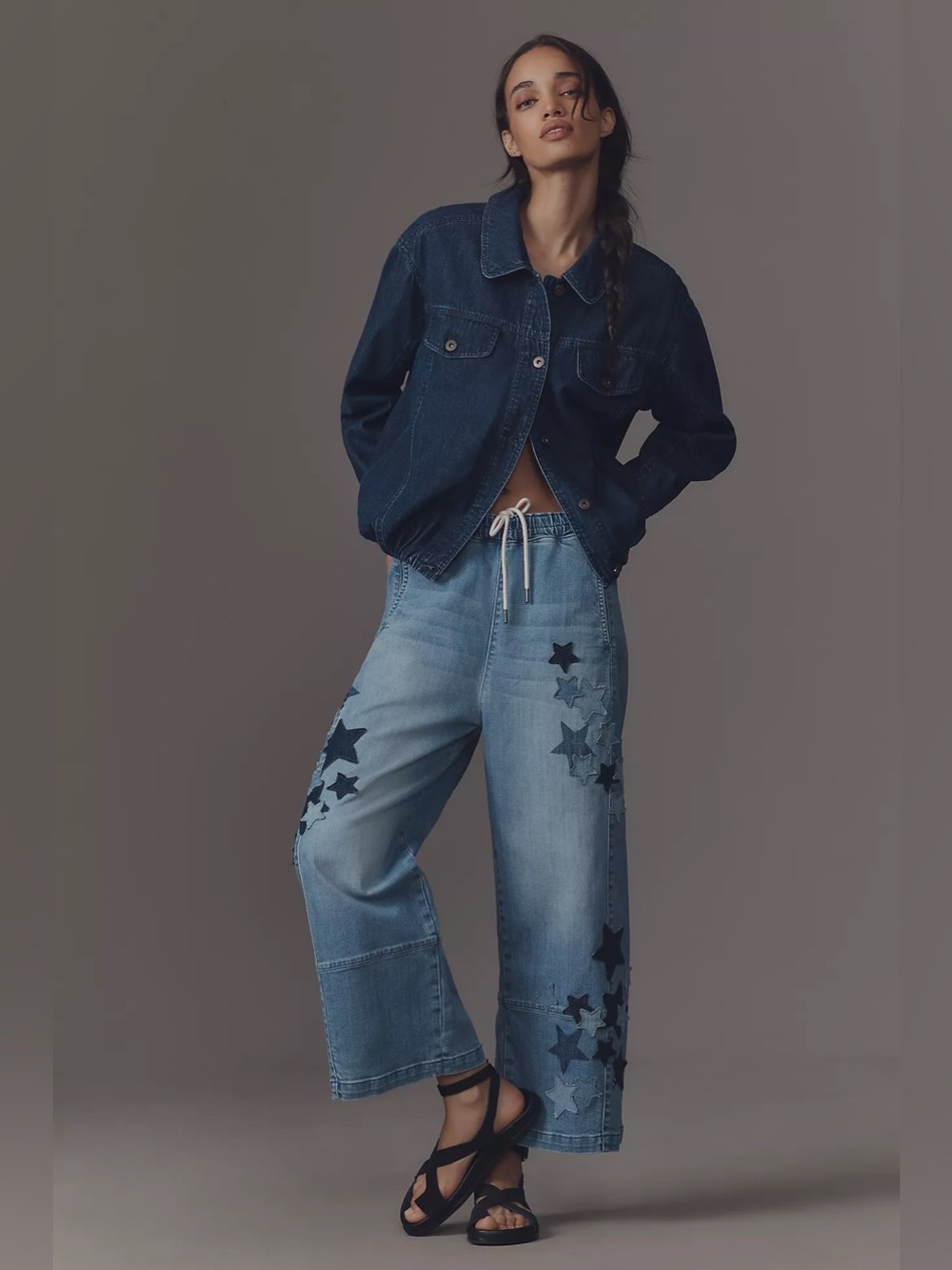 Anthropologie Two-Tone Blue Star Appliqué Cropped Jeans
